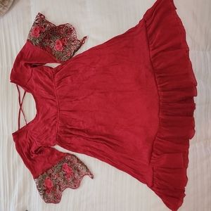 Kings Road burgundy peasant dress with 3/4 lace sleeves